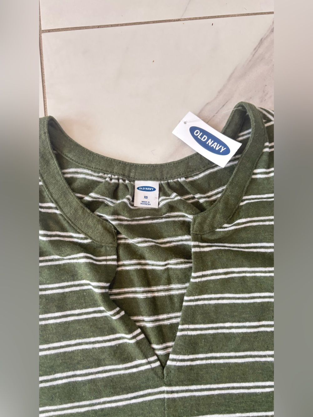 Old Navy Olive and White Striped Sleeveless Split-Neck Tank - Picture 10 of 13